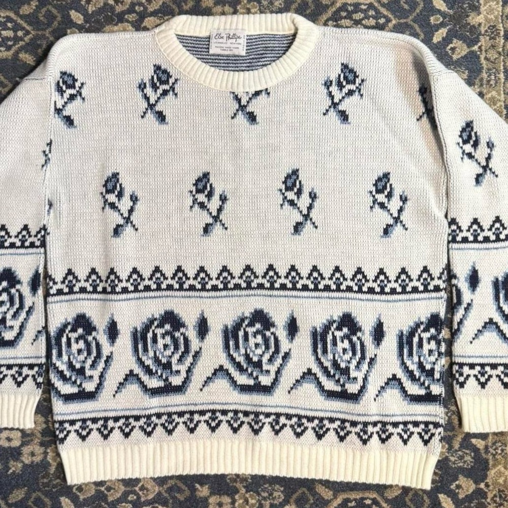 vintage 80s 90s floral knit sweater rose pattern cottage coquette — size M